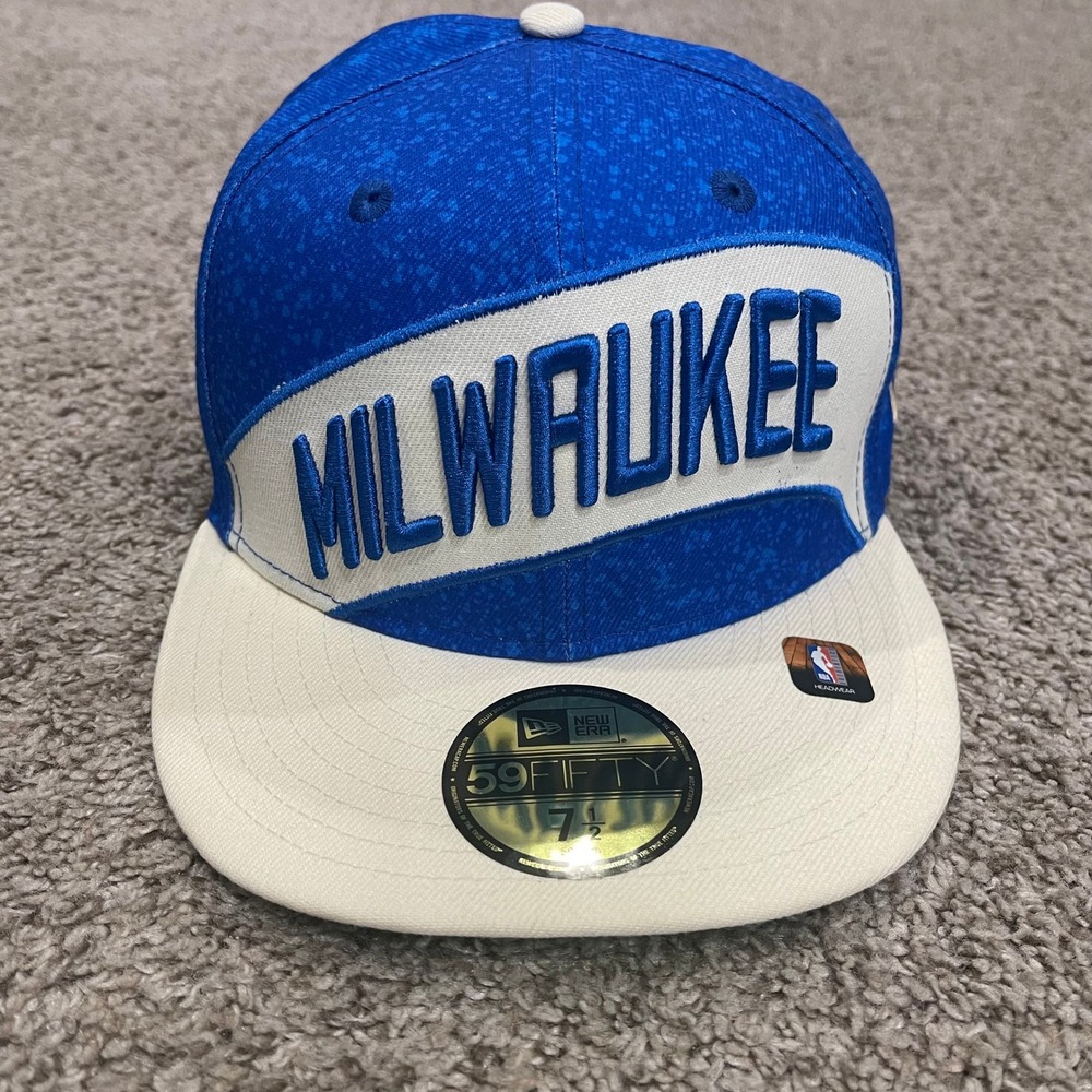 Milwaukee Bucks Hat Men 7 1/2 Blue White New Era 59FIFTY Fitted Baseball Cap NBA